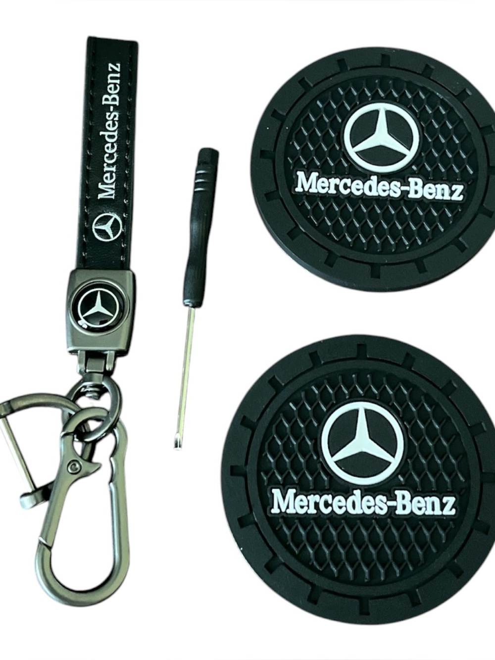 Mercedes Benz Black Keychain & Car Coaster (2 pc) Accessories Set